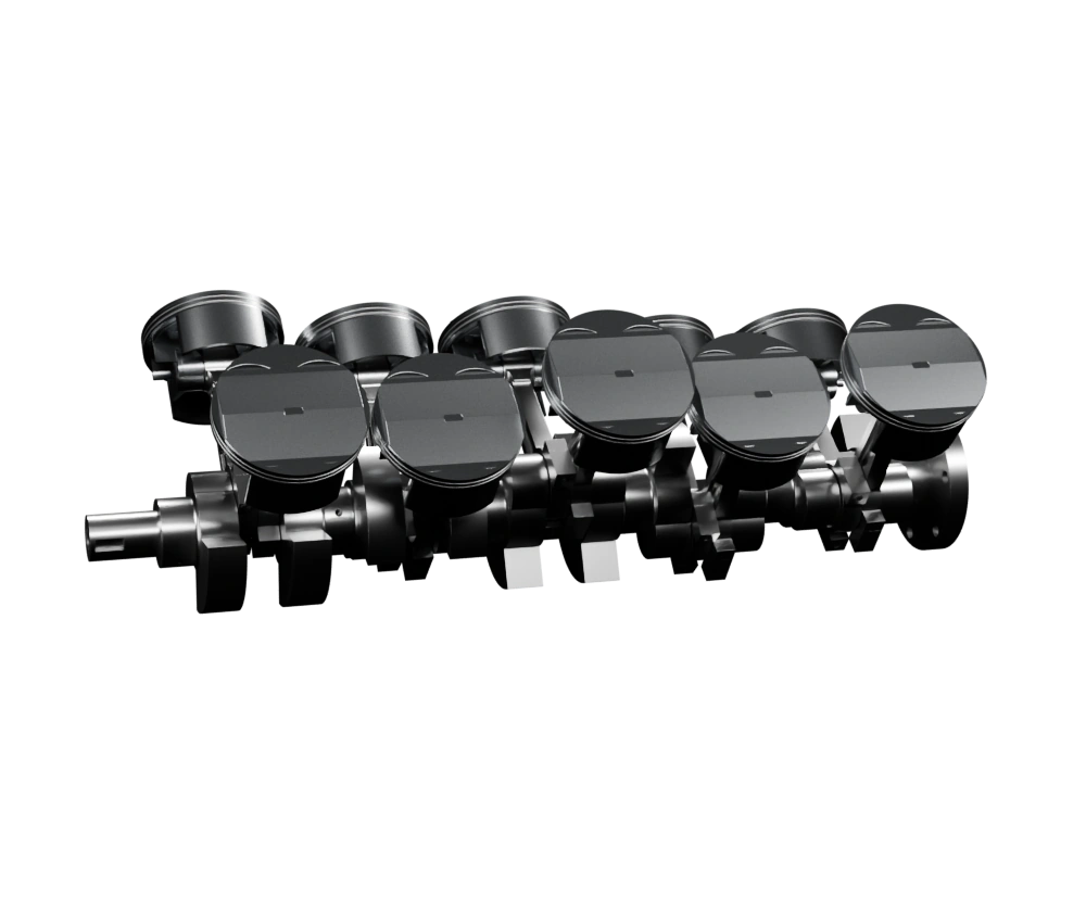Ten pistons and their connecting rods above the common crankshaft