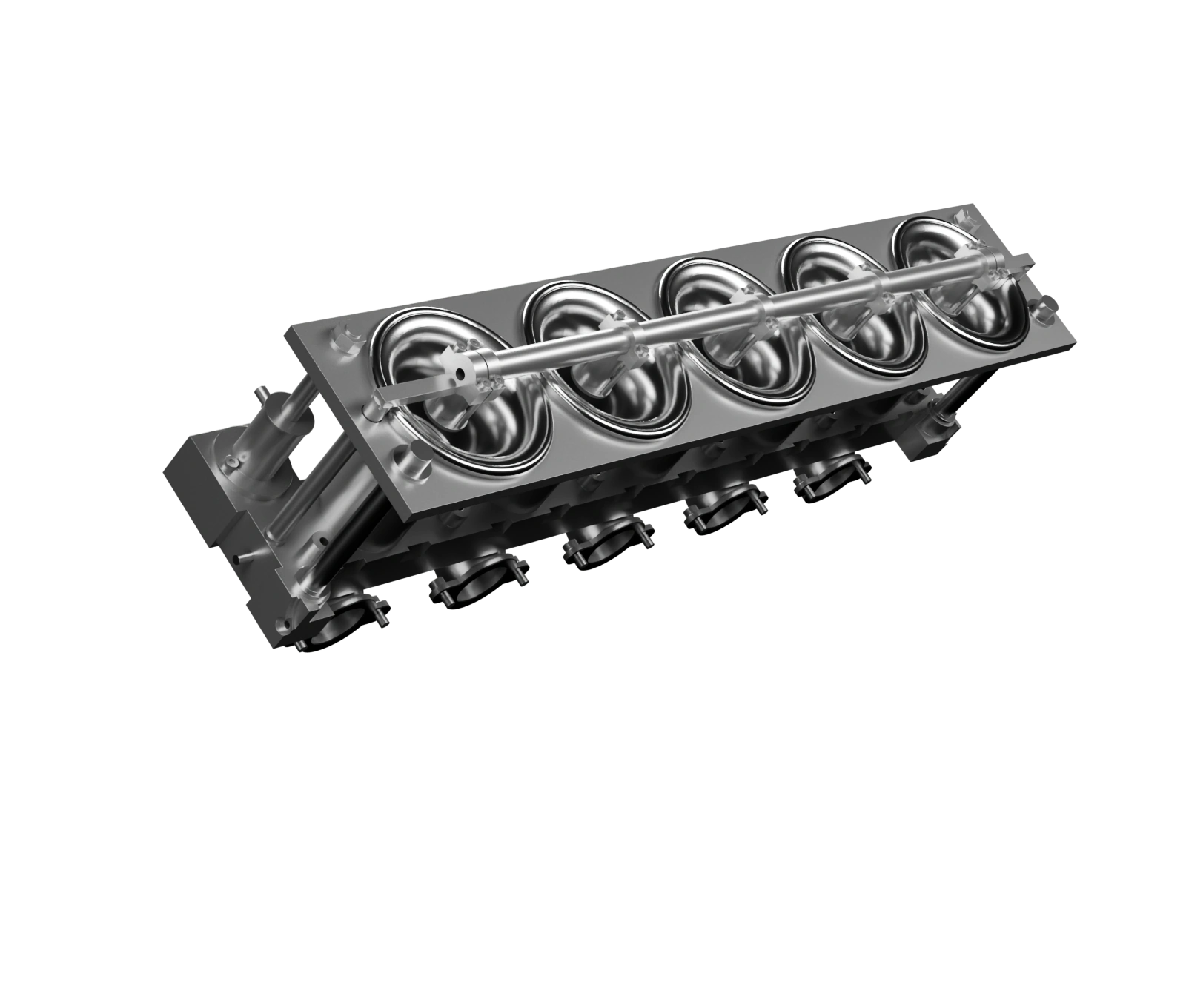A complete bank of five variable-length intake trumpets